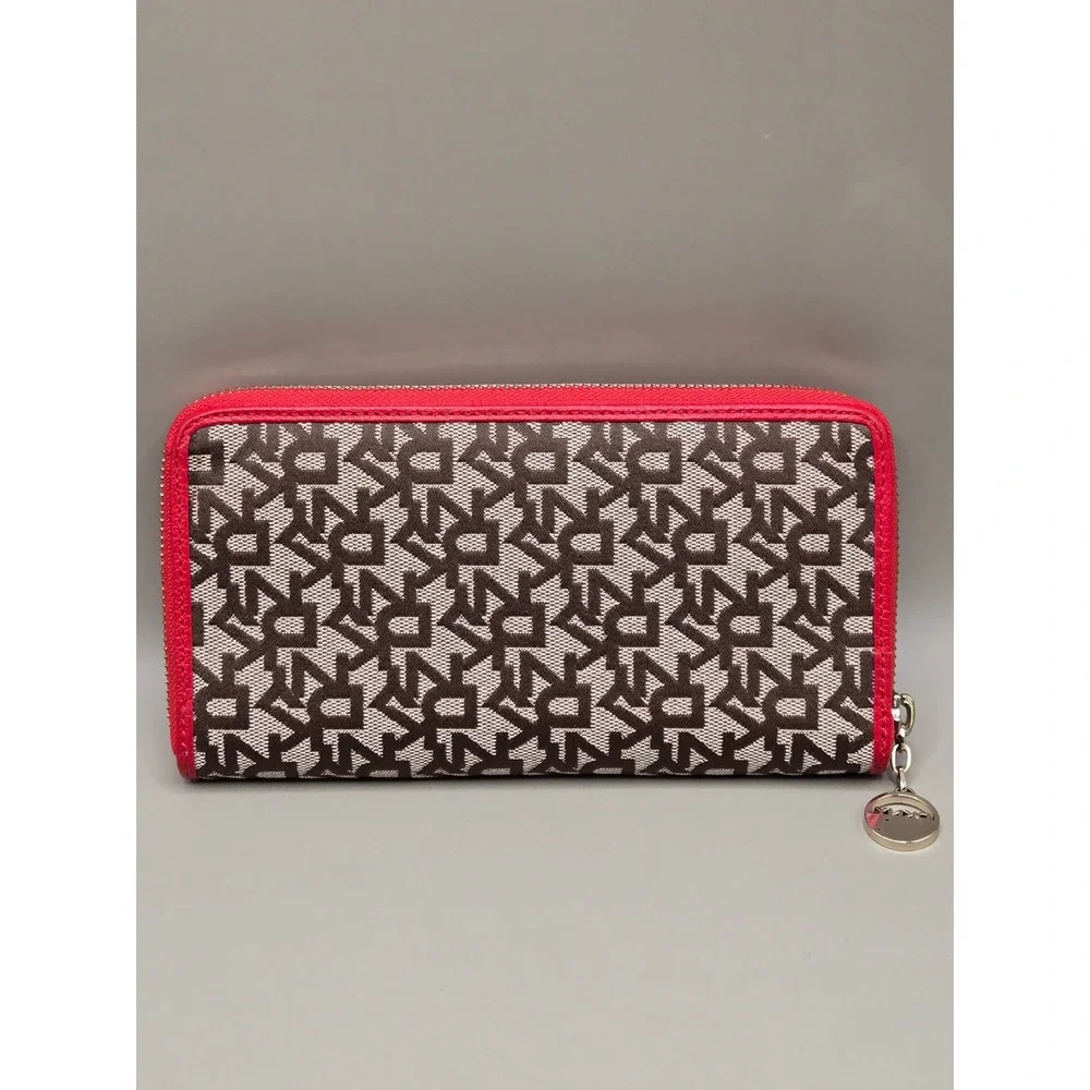 DKNY Donna Karan New York Logo Zip Around Wallet Red Brown